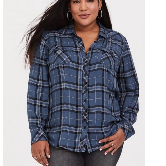 torrid Tops - Torrid Blue Plaid Challis Button Down Long‎ Sleeve Twill Camp Shirt Size 1X